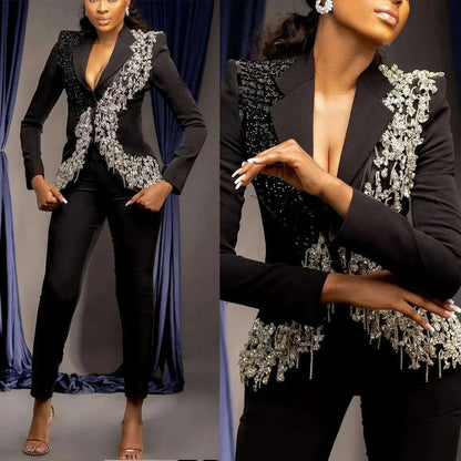 Luxury Crystal Tassel Women Blazer Suits 2 Pieces Customized Wedding Guest Mother Of The Bride Suits Evening Party Outfit