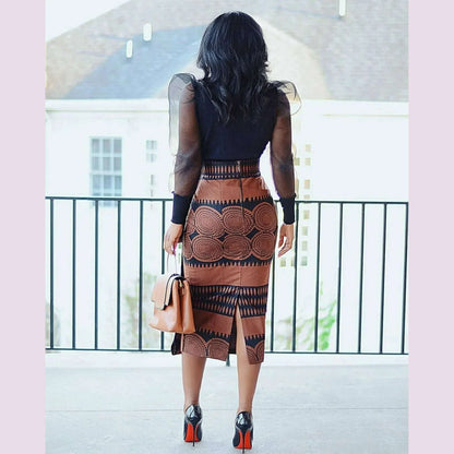 CM.YAYA Women Skirts Print High Waist Stretchy Bodycon Midi Skirt Ladies Vintage Fashion Streetwear 2024 Autumn Winter Elastic