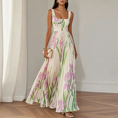 Summer Square Collar Floral Print Fold Dress Womens Sexy High Waist Sling Long Dresses Summer Off Shoulder Hollow Boho Dresses