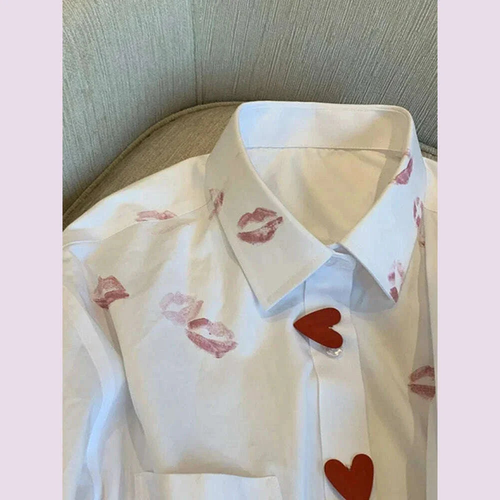 French Style Turn Down Collar Blouse Spring Print Heart Button White Long Sleeve Blusas Harajuku Unisex Loose Lip Shirt Women