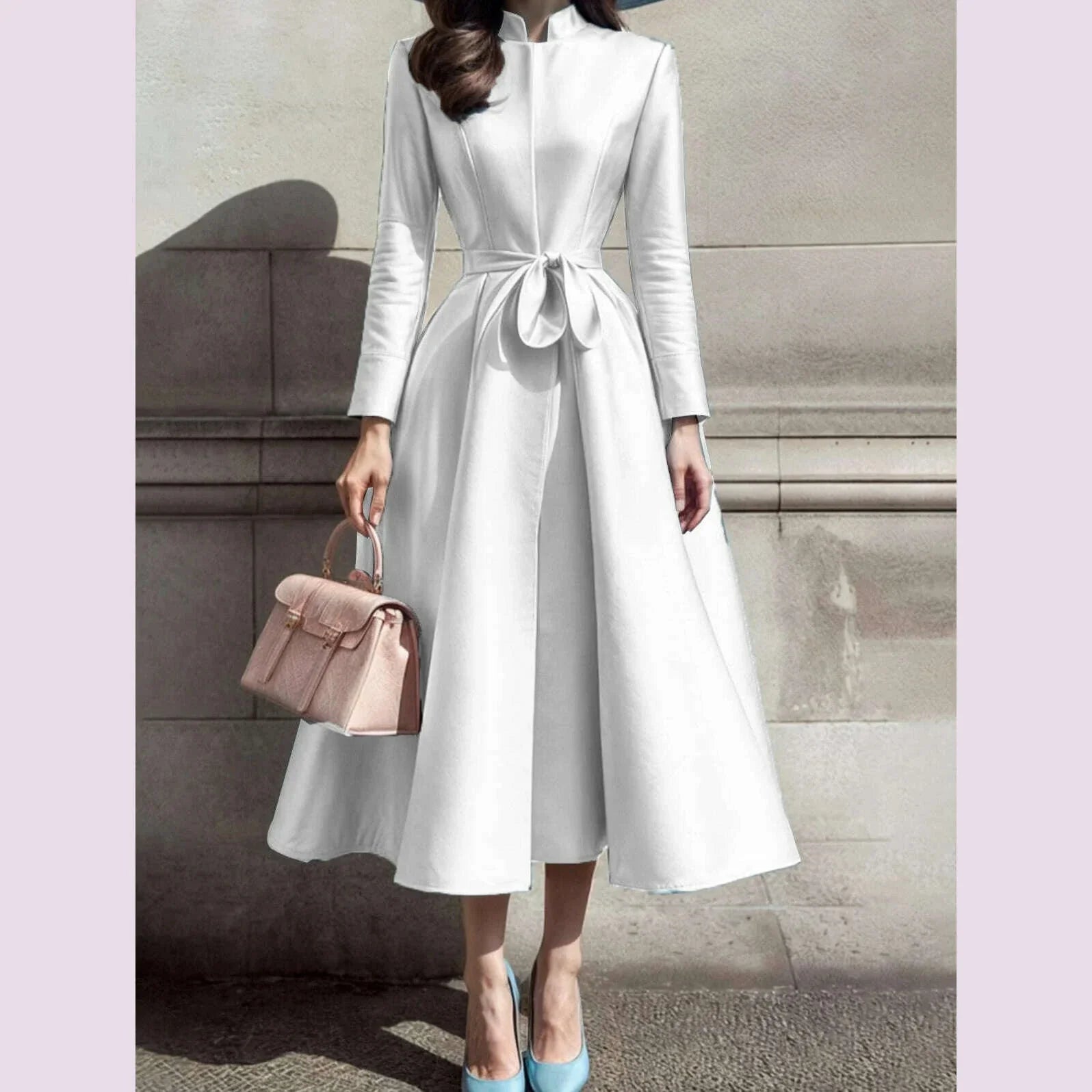 Elegant Dress for Women Stand Collar Pleated A-Line Long Sleeve Sweet Party Club Evening Wedding Guest Midi Dresses with Belt