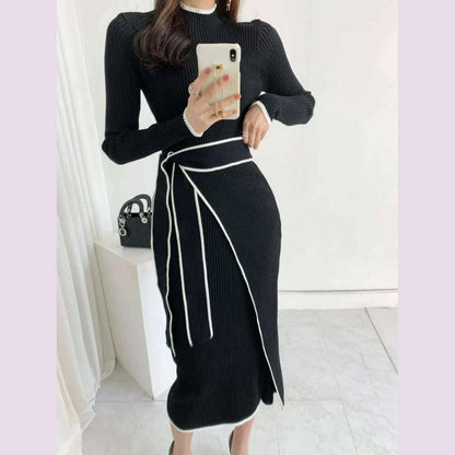 Elegant Stand Collar Contrast Bandage Long Sleeve Women Knitted Dress Autumn Korean Fashion Casual Knit Bodycondresses Vestidos