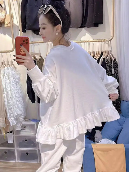 Women Clothing Oversized T Shirts Long Sleeve O-neck White Tees Sweet Ruffles Tops 2025 Ropa Mujer Casual Fashion Y2k Tshirt