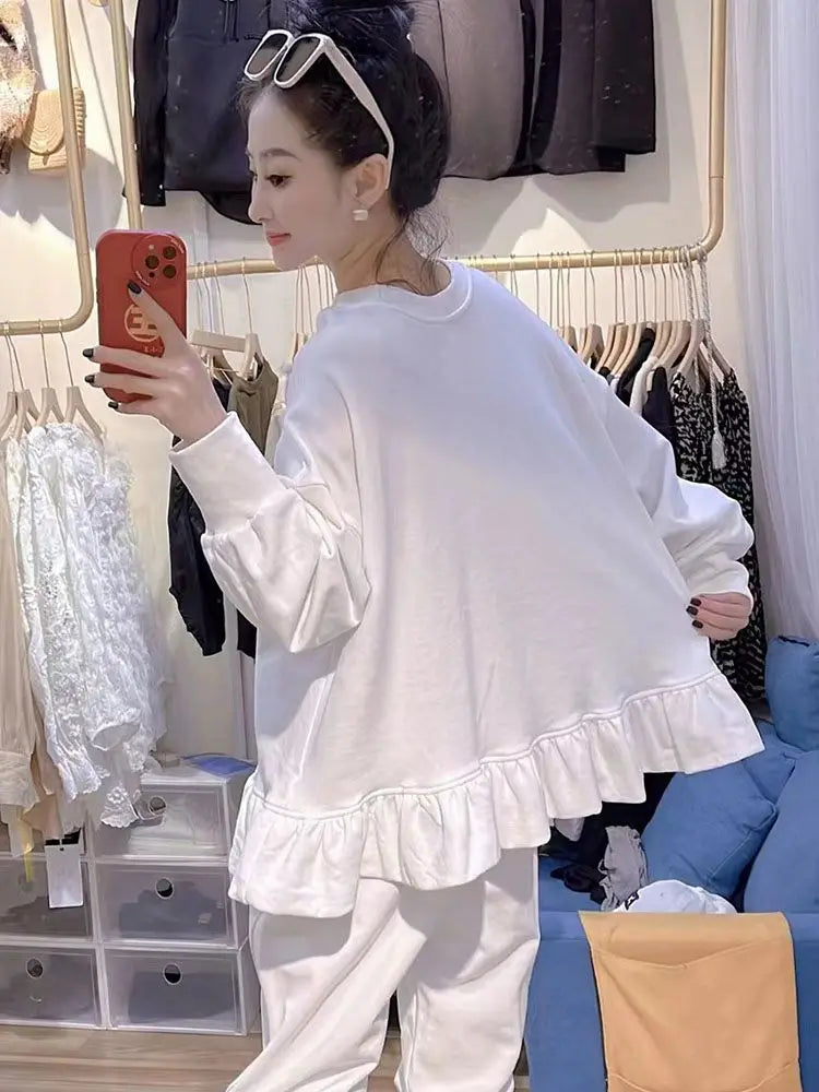 Women Clothing Oversized T Shirts Long Sleeve O-neck White Tees Sweet Ruffles Tops 2025 Ropa Mujer Casual Fashion Y2k Tshirt