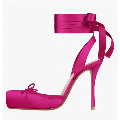New ballet red soled high heels satin ribbon French bow women's shoes rose red cross strap sandals