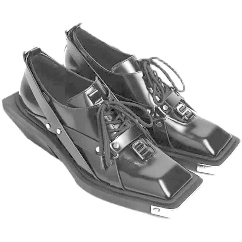 Women Shoes Spring Autumn New Metal Head Decorate Leather Loafers Women Bite Thick-soled Non-slip Square Head Wedge Men Shoes 44