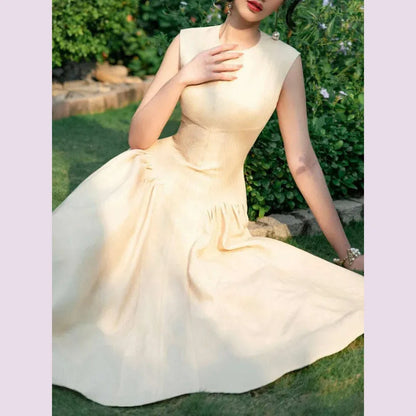 DEAT Elegant Dress O-neck Pleated A-line Big Swing Sleeveless Solid Women's Evening Party Dresses 2025 Spring New Tide 35Z1884