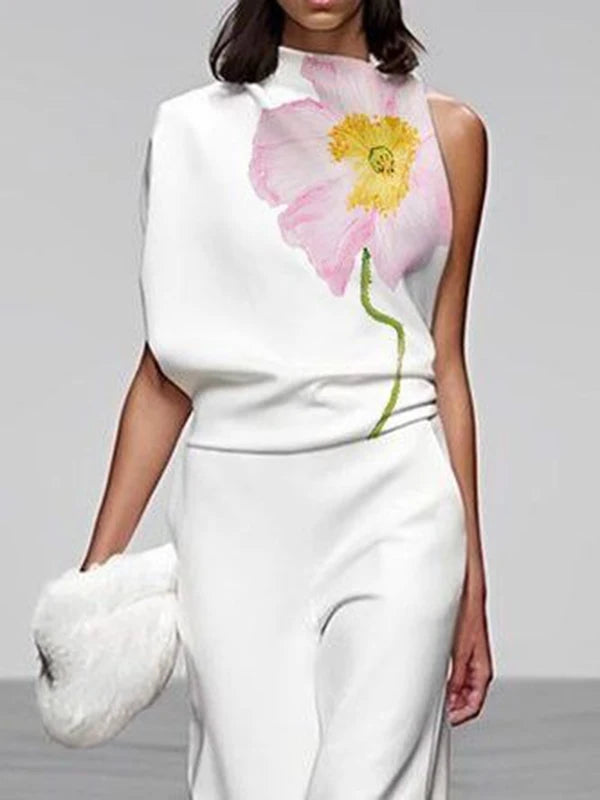 Yeezzi 2024 New Summer Fashion Floral Printed Sleeveless High Neck Vest Tops & High Waisted Loose Straight Leg Pants For Women