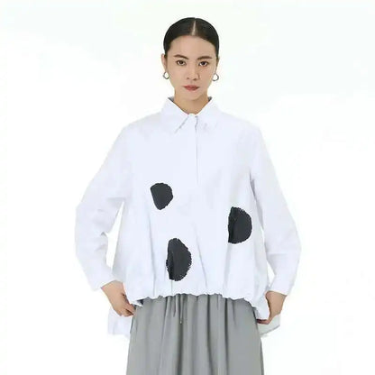 EAM Women Black Color-block Dot Big Size Blouse New Lapel Long Sleeve Large Hem Shirt Fashion Tide Spring Autumn 2024 1DH4274