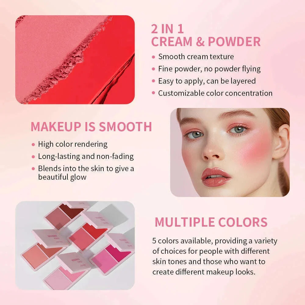 5Colors Cream & Powder Blush Matte Dewy Rosy Blush Makeup Pan Long-lasting Wearing High Pigment Natural Matte Blush Cosmtics