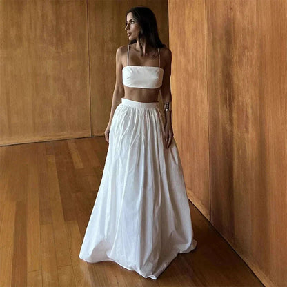 Women Tube Top Skirt Set Sexy Off Shoulder Suspenders Blouse Loose Elastic Waist Skirts Female Suits 2025 Summer Lady Outwear