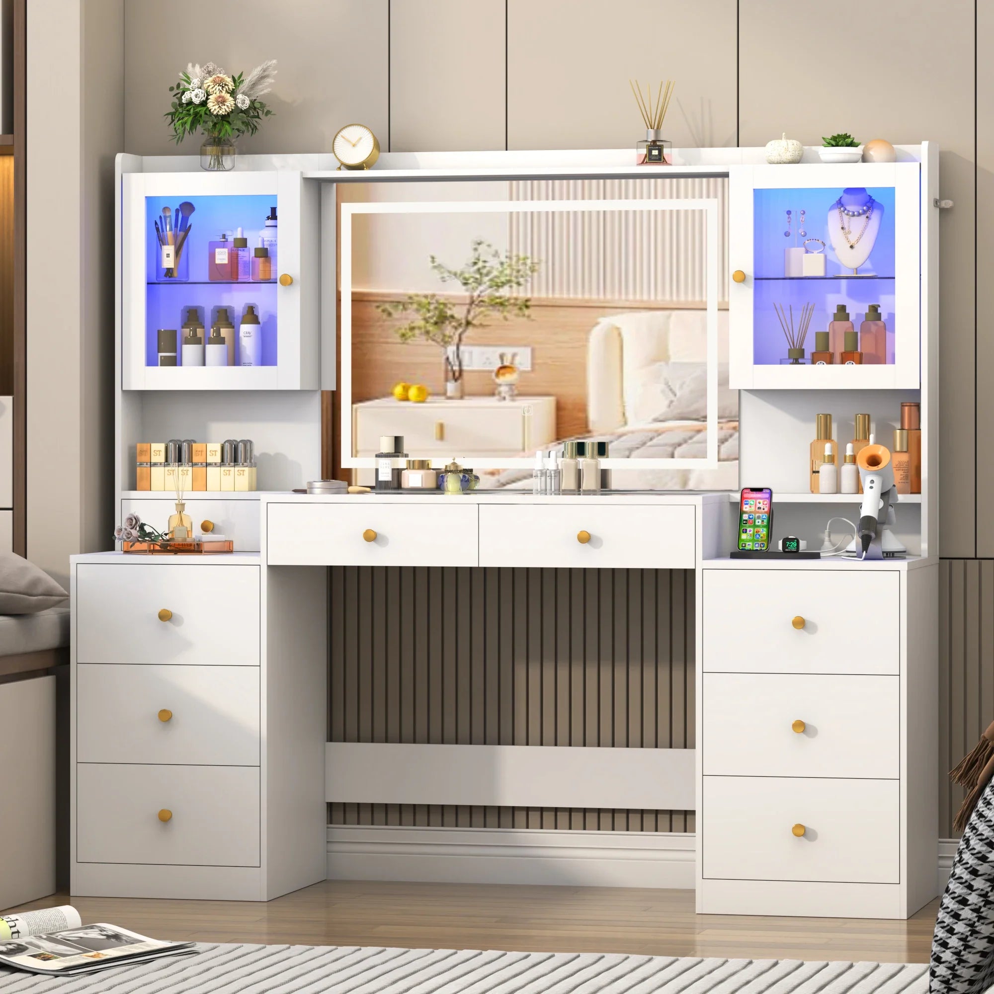 61.7" Large Vanity Desk with Mirror and Lights, Makeup Vanity with Charging Station, Sliding Drawers, 2 Cabinets with Glass Door