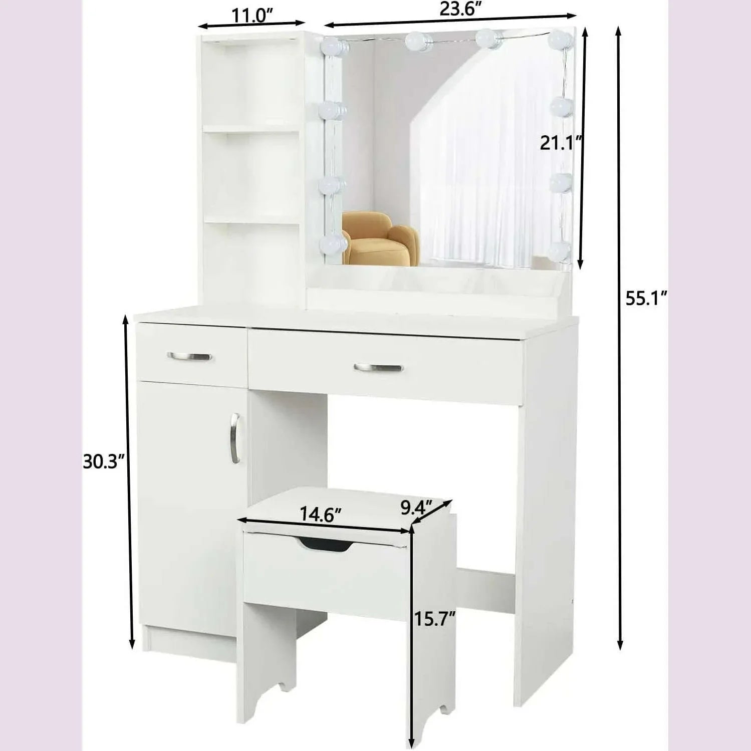 Dressing Table, Makeup Vanity Desk with Lighted Mirror & Power Strip, Black Vanity Table Set with Lights and Lots Storage
