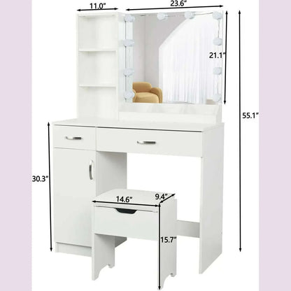 Dressing Table, Makeup Vanity Desk with Lighted Mirror & Power Strip, Black Vanity Table Set with Lights and Lots Storage