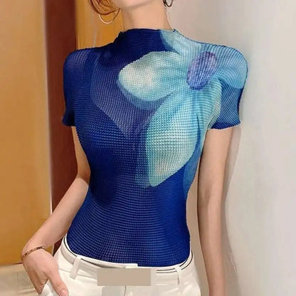GVUW Pleated Women's T-shirt Slim Fit Gradient Color Stand Collar Short Sleeve Female Casual Comfortable Top 2025 Spring 17J0413