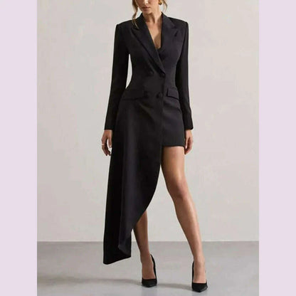Yeezzi 2025 New Urban Female Black White High-low Notched Collar Blazer Office Ladies Fashion Buttoned Pocket Commute Outerwears
