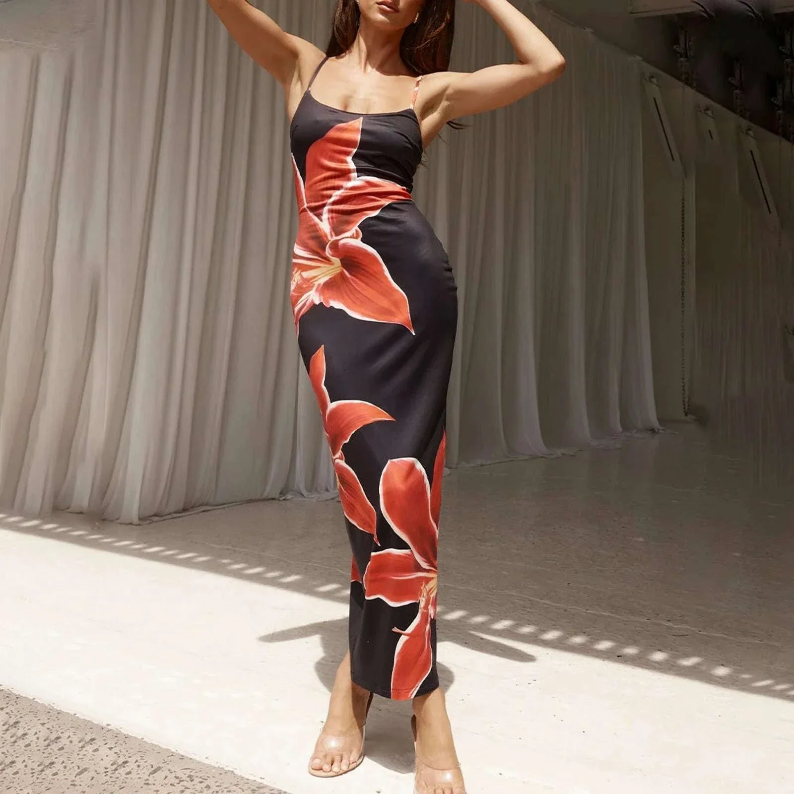 Women Cocktail Bodycon Dress  Split Bodycon Party Floral Print Spaghetti Strap Dresses Sexy Female Summer Outfits Streetwear