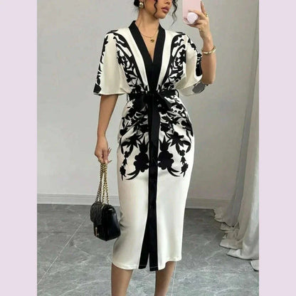 Yeezzi Urban Elegant Women Flower Printed Tied Waist Party Evening Midi Dresses 2025 New Half Sleeves V-Neck Office A-line Dress