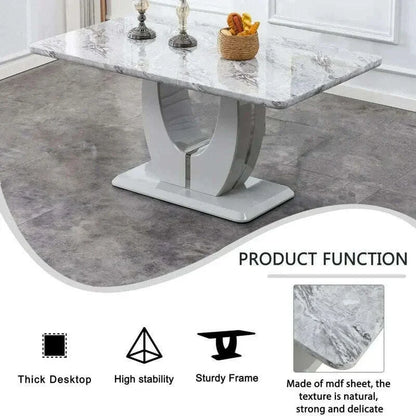 63-Inch Rectangular Marble Dinner Table for 6 - Imitation Marble Grain for Kitchen and Dining Room, Grey Finish