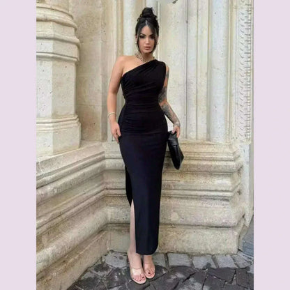 Black Maxi Dress Women Elegant Party Summer Fashion Sexy Split Sleeveless Backless Dress Off Shoulder Streetwear Club Slim Dress