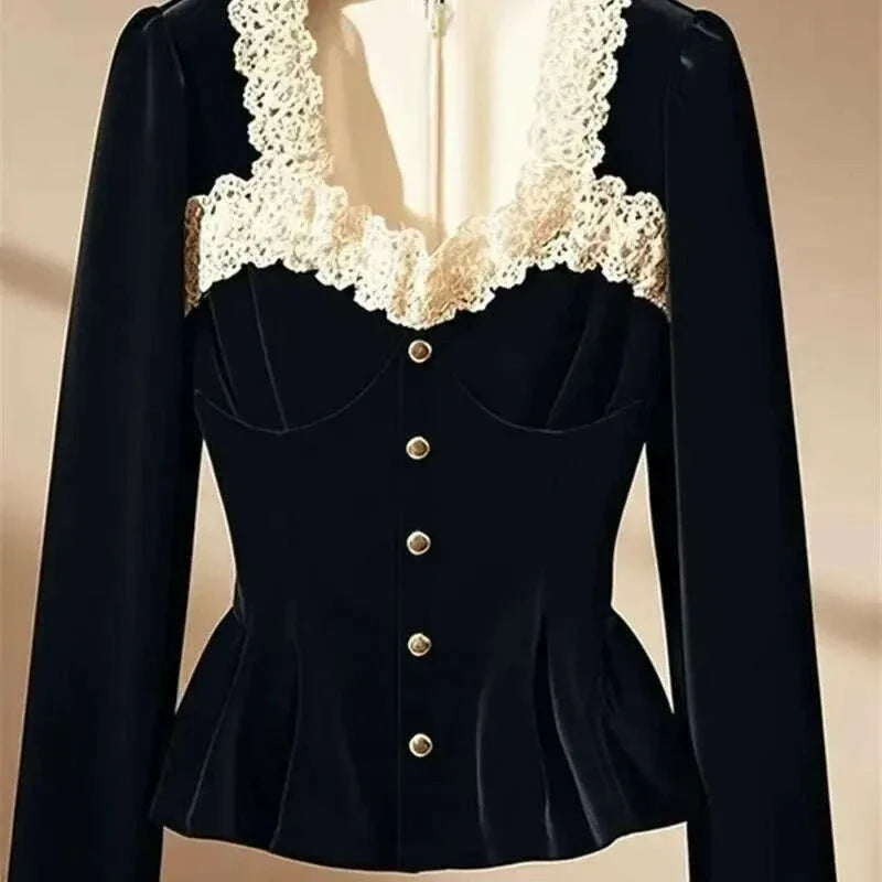 Luxury French Black Velvet Shirt Square Collar Lace Patchwork Blouse Women Slim Waist Zipper Tops Autumn Royal Style Office Lady