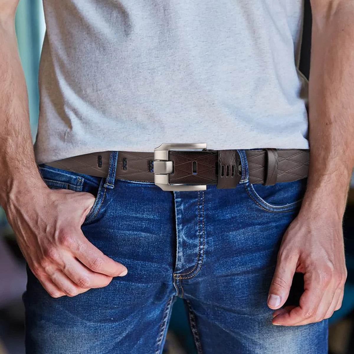 Belt, men's needle buckle belt, genuine leather, pure cowhide, simple youth casual jeans, men's pants belt, trendy for young peo