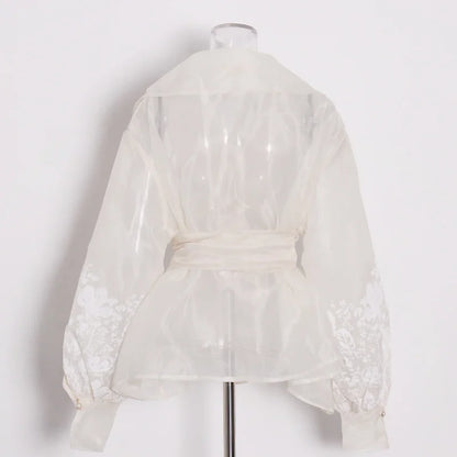 TWOTWINSTYLE Colorblock Patchwork Lace Up Shirts For Women V Neck Lantern Long Sleeve Temperament Blouses Female Fashion Style