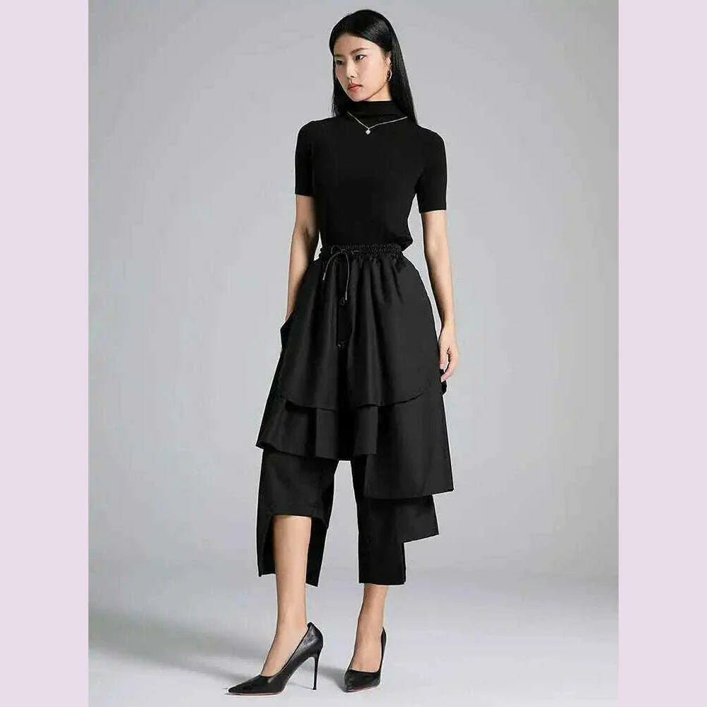 EAM Black Irregular Patch High Elastic Waist Calf-Length Pants New Trousers Women Fashion Tide Spring Autumn 2025 30A3161