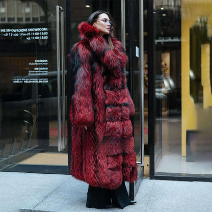 120cm Long Real Silver Fox Fur Coat with Big Turn-down Collar High Street Women Genuien Wholeskin Fox Fur Coats Outwear Woman