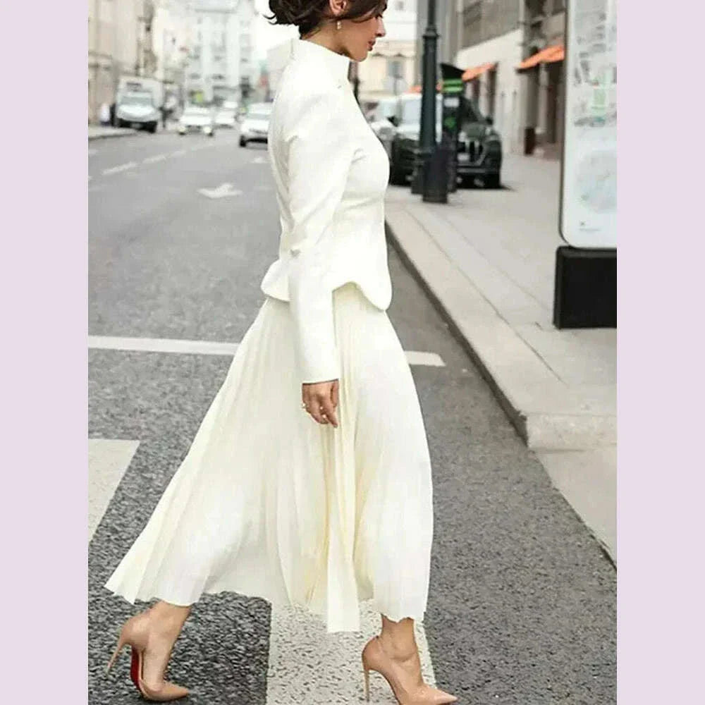 TWOTWINSTYLE Solid Two Piece Set For Women Stand Collar Long Sleeve Spliced Button Tops High Waist Skirt Chic Set Female Fashion