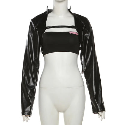 BOOFEENAA Crop PU Leather Jacket Women with Tube Top Two Piece Set Streetwear Fashion Black Coats Winter Clothes C71-CH22