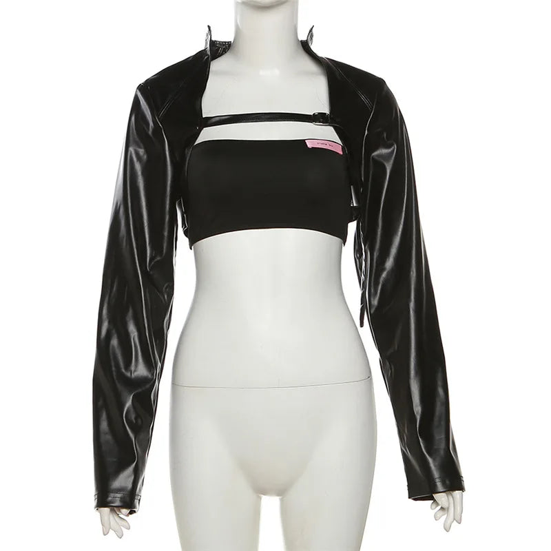 BOOFEENAA Crop PU Leather Jacket Women with Tube Top Two Piece Set Streetwear Fashion Black Coats Winter Clothes C71-CH22