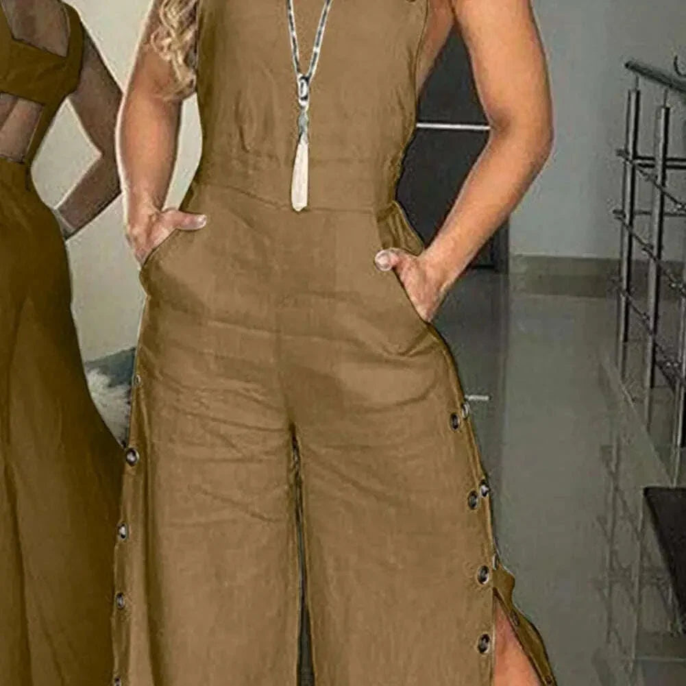 Women's Sleeveless Wide Leg Jumpsuit with Side Pockets And Button Solid Color Loose Straight-Leg Romper for Women Summer Outfit