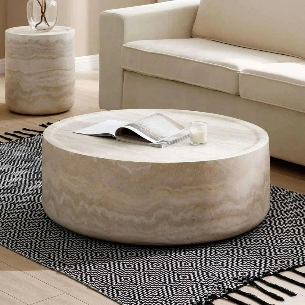 39.37” Round Coffee Table ,Travertine Textured Tables Fiberglass Center Side Tables for Living Room Office, Coffee Table