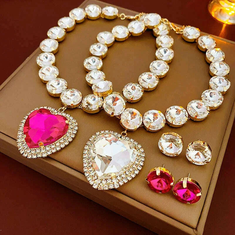 Romantic Heart Pendant Necklace Earrings Set Luxury Rhinestone Necklace Stud Earrings Jewelry Sets For Party Wedding Bridal