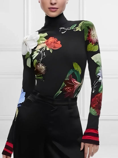 Women's Vintage Floral Printed High Neck Tops 2025 New Fashion Autumn Winter Long Sleeves Casual Skinny Split-Joint T-shirts
