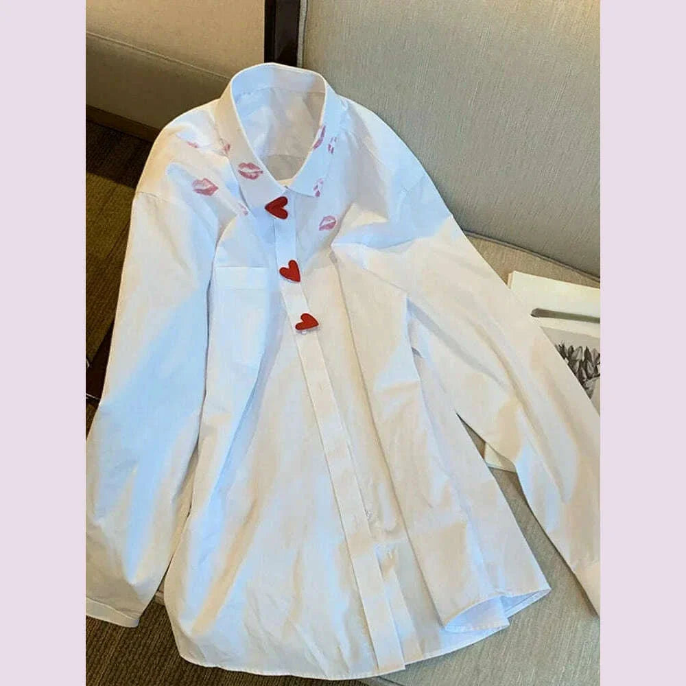 French Style Turn Down Collar Blouse Spring Print Heart Button White Long Sleeve Blusas Harajuku Unisex Loose Lip Shirt Women