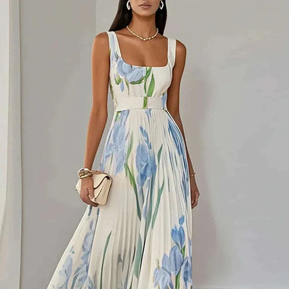 Summer Square Collar Floral Print Fold Dress Womens Sexy High Waist Sling Long Dresses Summer Off Shoulder Hollow Boho Dresses