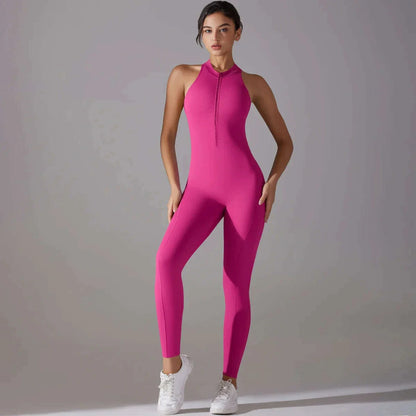 Sexy Hollow Backless Scrunch Sporty Jumpsuit Raises Butt Woman Gym Set One Piece Sport Suit Sleeveless Zip Yoga Fitness Overalls