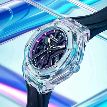 Mark Fairwhale Men's Fashion Automatic Mechanical Watch Sporty Casual Style with Transparent Case Silicone Strap Waterproof