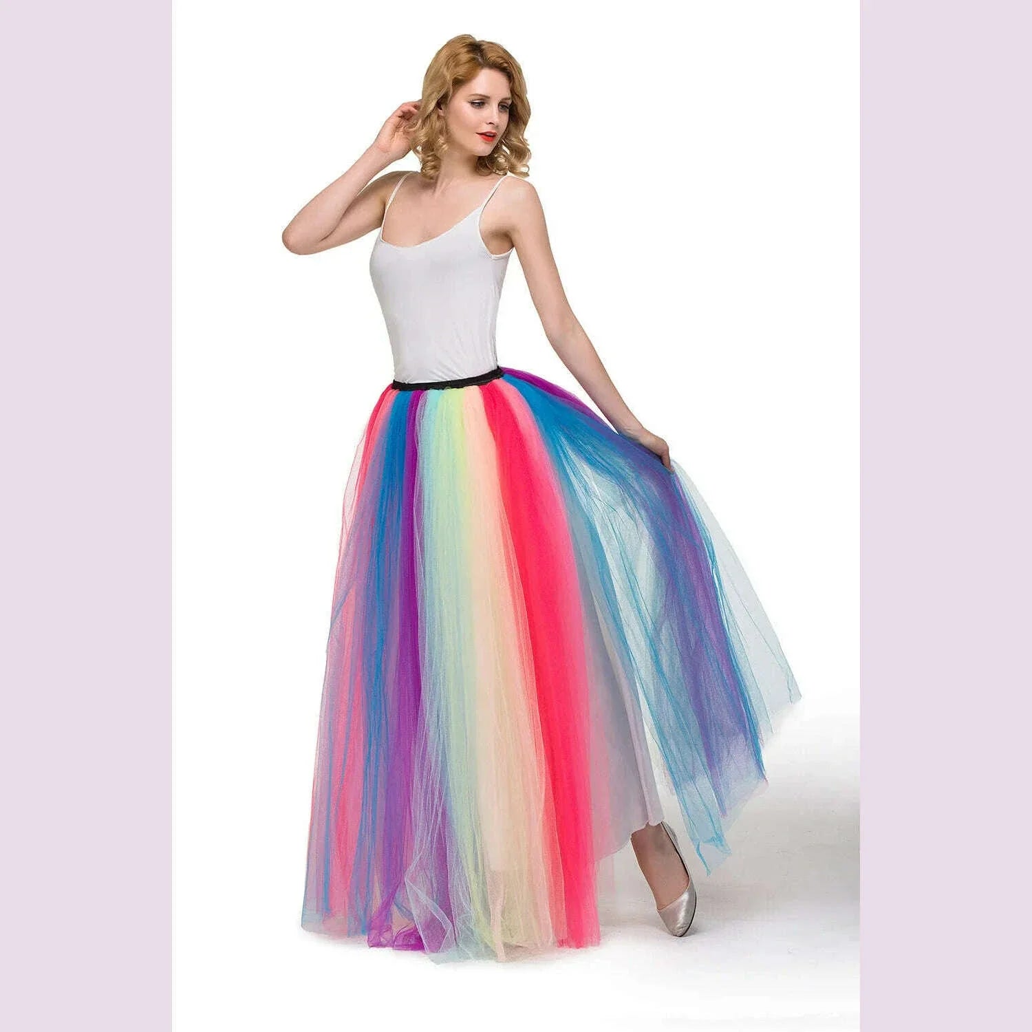 MisShow 2022 Autumn Winter Rainbow Pleated Maxi Tutu Skirt Vintage 6 Layers Elastic High Waist Skirts Long Party Beach Dresses
