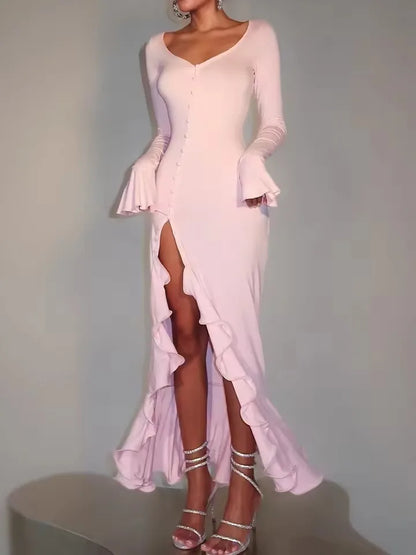 Mozision Flare Long Sleeve Ruffle Sexy Maxi Dress Women Autumn Pink V Neck Single-breasted High Waist Club Long Dresses Female