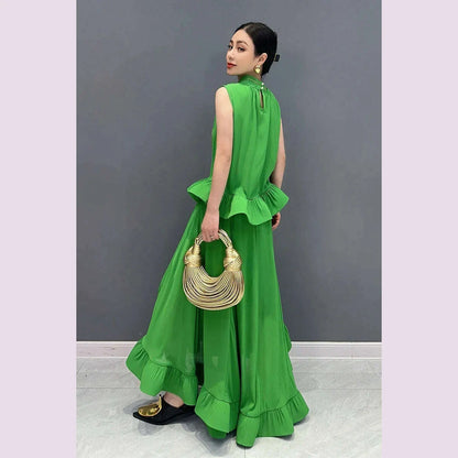 Vefadisa Newest 2025 Summer Green Women Sets Sleeveless Ruffle Edge Top Large hem Long Skirt Two pieces Dress Sets HLX064