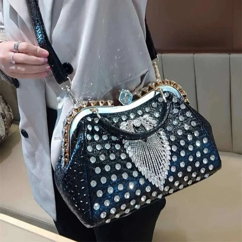 Spring rivet crystal horizontal large-capacity metal buckle handbag banquet dress versatile one-shoulder cross-body women's bag
