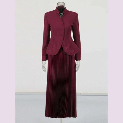 TWOTWINSTYLE Solid Two Piece Set For Women Stand Collar Long Sleeve Spliced Button Tops High Waist Skirt Chic Set Female Fashion
