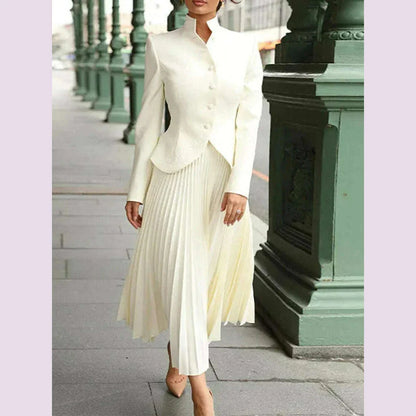 TWOTWINSTYLE Solid Two Piece Set For Women Stand Collar Long Sleeve Spliced Button Tops High Waist Skirt Chic Set Female Fashion