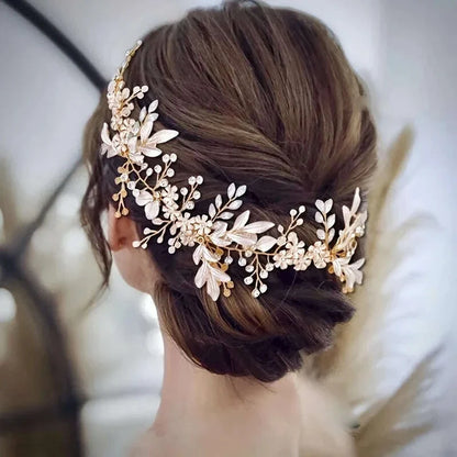 Bridal Hair Accessories Crystal Pearl Headband Tiara Rhinestone Leaf Headband Hairband For Women Elegant Princess Headwear