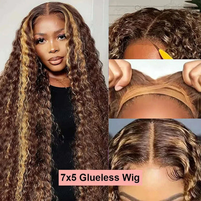4/27 Ombre Curly Highlight Wig Human Hair Preplucked 7x5 Lace Closure Glueless Wigs Human Hair Deep Wave Ready To Wear For Women
