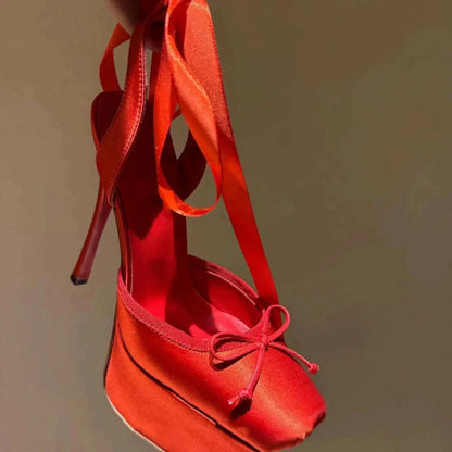 European and American High-heeled Dance Platform Silk Satin Square Bow Sandals  Shoes Women Zapatos Mujer