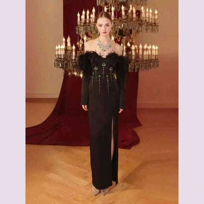New Women Sexy Long Sleeve Feather Crystal Diamonds Black Knitted Long Bandage Dress Cut Out Elegant Evening Club Party Dress